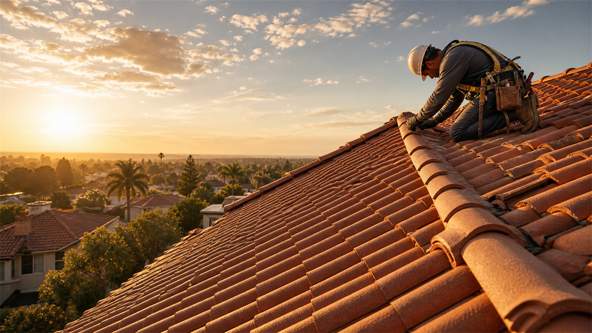Shield roofer laying clay roof tiles at golden hour